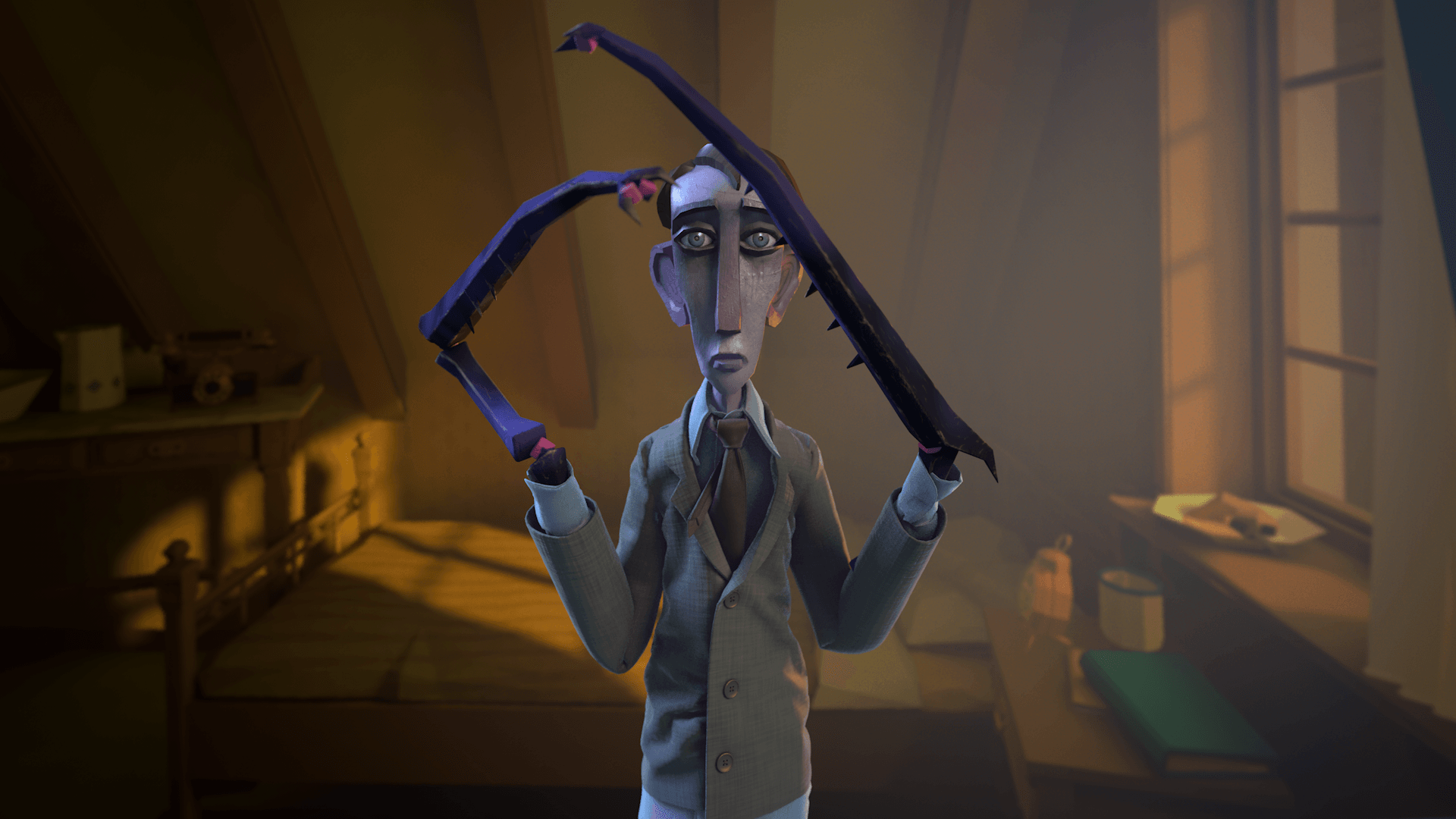Gregor Samsa in his room, transforming into an insect